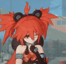 a girl with red hair and bear ears is standing in front of a fence