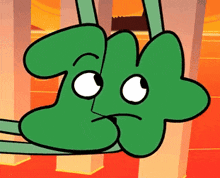 a cartoon drawing of a green cloud with a face and eyes .
