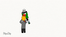 a cartoon of a man holding a bone and a skeleton standing next to him .