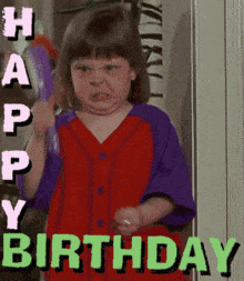 a little girl in a red and purple shirt is making a funny face with the words happy birthday behind her