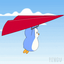a cartoon of a penguin flying with a red paper airplane on its back