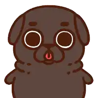a cartoon drawing of a brown pug dog with a red tongue sticking out