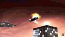 a cartoon of a plane with the number 02 flying over a building