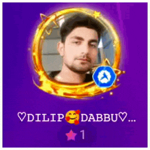 a purple background with a picture of a man in a gold circle and the name dilip dabbu .
