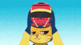 a cartoon cat wearing a helmet with the letter v on it