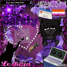 a purple background with a black cat and the words " safety "