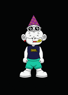a cartoon character is wearing a party hat and sunglasses and a shirt that says zhot