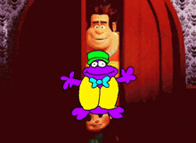 a group of cartoon characters are posing for a picture with a purple frog in the middle