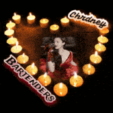 a woman singing into a microphone surrounded by candles with the words bartenders on the bottom