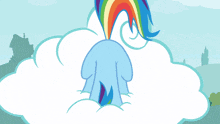 a cartoon pony with a rainbow tail is standing in a cloud