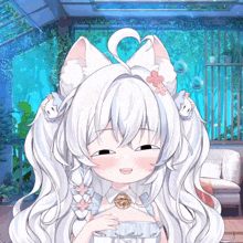 a girl with white hair and cat ears is making a face