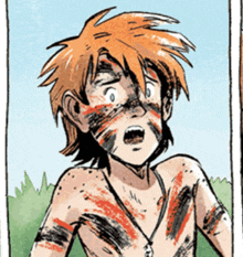 a cartoon drawing of a boy with red hair and black and orange paint on his face