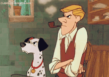a cartoon of a man smoking a pipe and a dalmatian