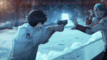 a man is pointing a gun at another man who is holding a gun