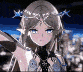 a girl with a crown of thorns on her head and blue eyes