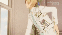 a man in a white suit stands in front of a window with the words " sustain memories undead " on the bottom
