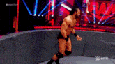 a man without a shirt is standing in a wrestling ring on a wwe live show .