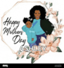 a happy mother 's day greeting card with a woman holding a child and flowers .