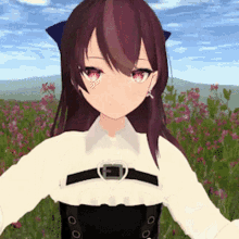 a girl with purple hair and red eyes is standing in a field of pink flowers