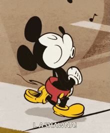 a cartoon of mickey mouse walking down a street with the words lashanna written below him