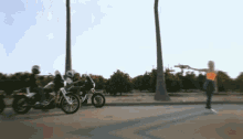 a woman stands in front of two motorcycles and a palm tree
