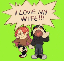 a cartoon drawing of a man and a woman with a speech bubble that says i love my wife