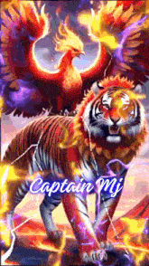 a colorful painting of a tiger with a phoenix on its back