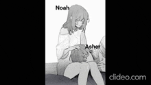 a black and white drawing of a woman sitting on a bed holding a child 's leg .