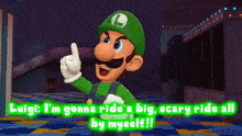 a cartoon character with the letter l on his hat is pointing