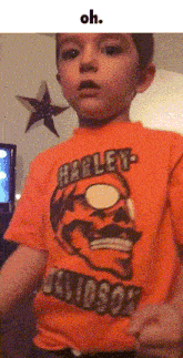 a boy wearing an orange harley davidson shirt