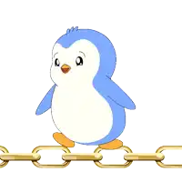 a penguin is walking on a gold chain