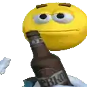 a smiley face is holding a bottle of pabko beer .