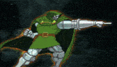 a pixel art of a superhero with a green cape pointing