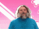 a man with long hair and a beard wearing a blue shirt with superfolk written on the bottom