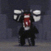 a cartoon character with a huge mouth is standing in a dark room with his mouth open .