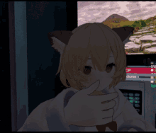a girl with a cat ear and a bow tie holds her hand over her mouth in front of a screen that says op plume