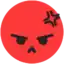 a red smiley face with an angry expression and a star on it 's forehead .