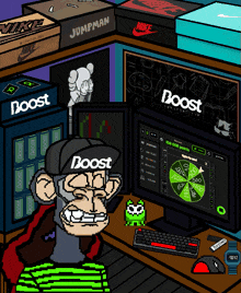 a cartoon of a man wearing a boost hat