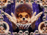 a painting of a clown with skulls around him