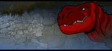 a cartoon of a red dinosaur with its mouth wide open