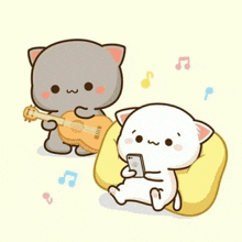 a cartoon cat is playing a guitar while another cat is sitting on a pillow .