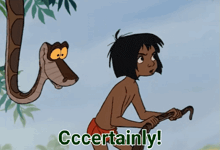 a cartoon of a boy and a snake with the words " cccertainly " on the bottom