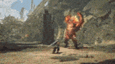 a video game character is fighting a monster with a sword .
