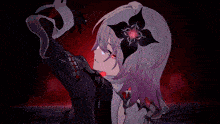 a girl with purple hair and red eyes is holding a red light .