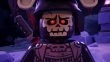 a lego samurai with red eyes and a skull face