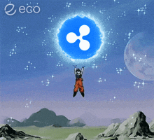 a cartoon drawing of a person holding a blue sphere with a ripple symbol on it