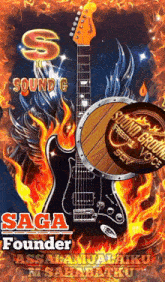 a poster with a guitar and the words saga founder