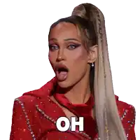 a woman in a red dress says " oh " in white letters