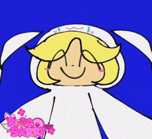 a cartoon drawing of a girl with a blue background and the word skrrk on the bottom