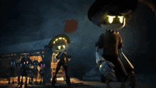 a group of cartoon characters are standing next to each other in the dark .